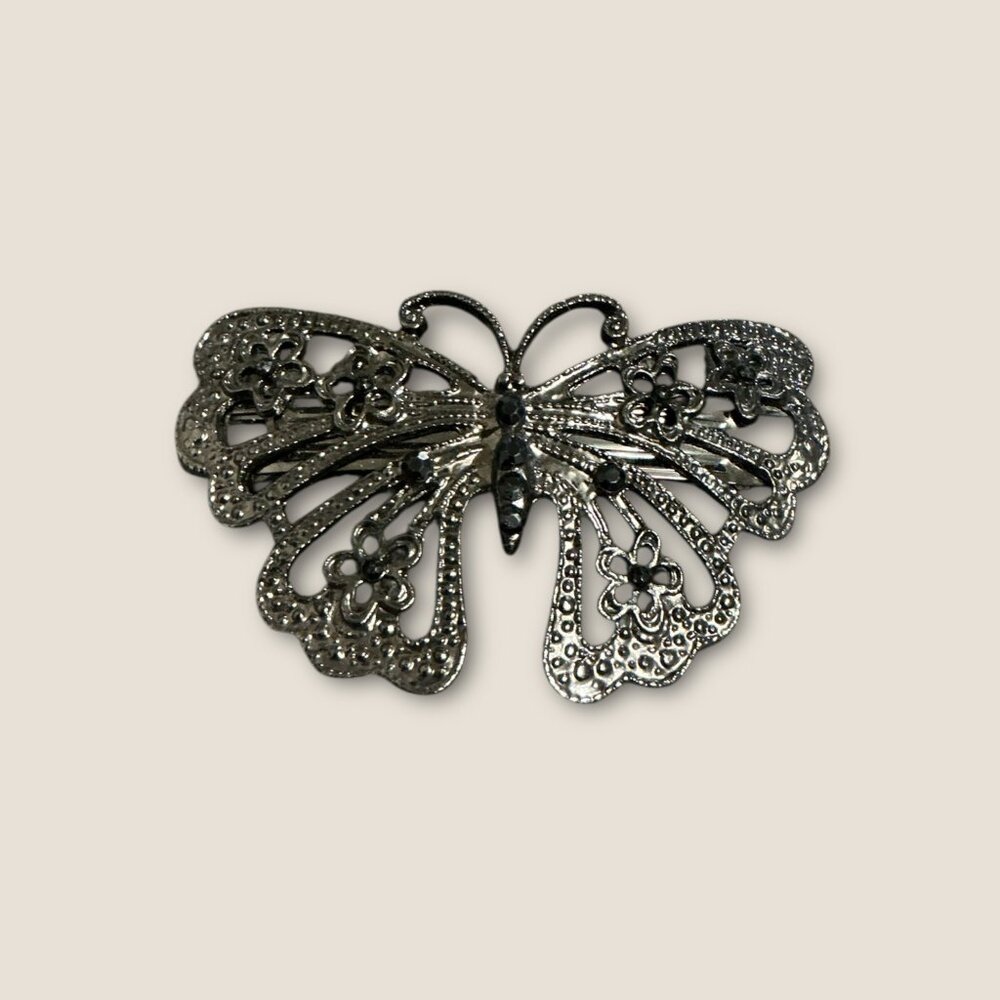 Vintage Silver-Tone Butterfly Hair Barrette Clip With Floral Cutout Design